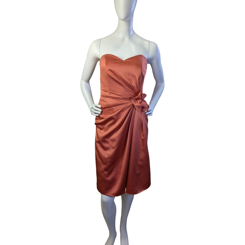Satin Strapless Cocktail Dress w/ Draped Rosette Detail | Burnt Orange | Size 6